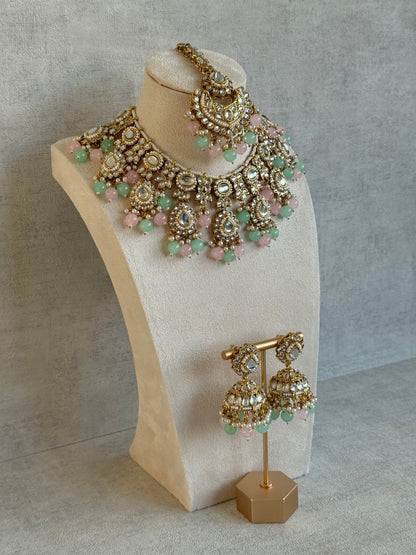 Ayura Designs Iyla Set with Necklace, Earrings & Tikka – Kundan Detailing, Ivory Pearl Drops & Mint & Blush Beads