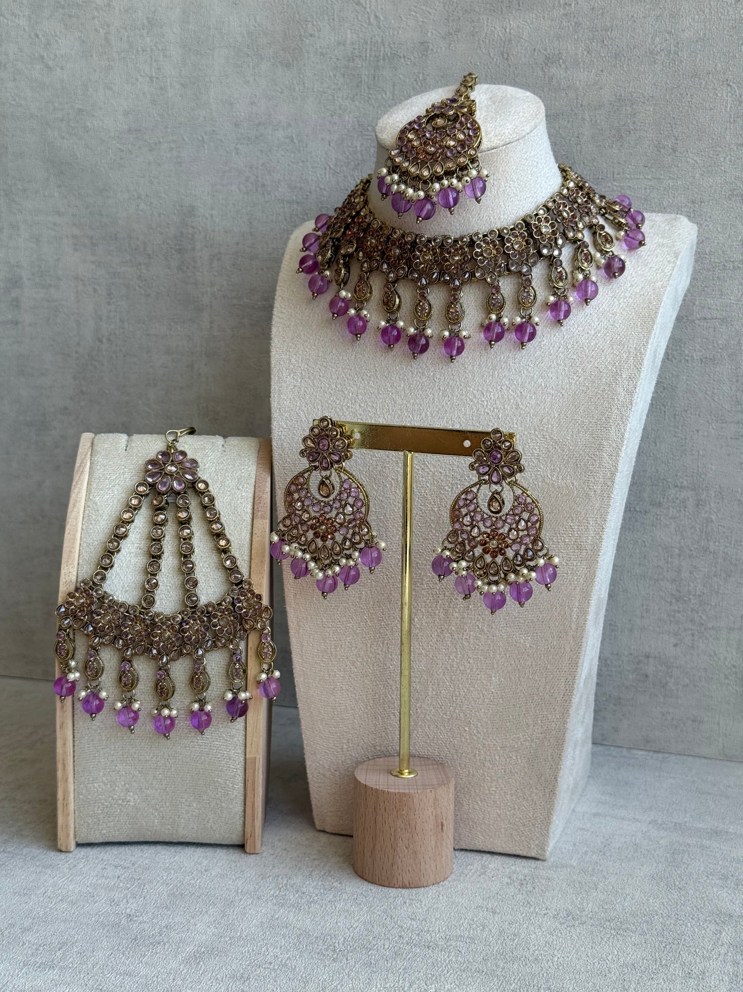 Ayura Designs Nehaat Set with Choker, Earrings, Tikka & Passa – Antique Gold with Lavender Beads, Pearls & Kundan Detailing