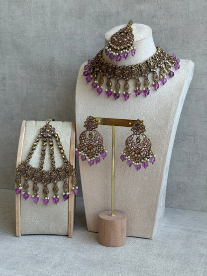 Ayura Designs Nehaat Set with Choker, Earrings, Tikka & Passa – Antique Gold with Lavender Beads, Pearls & Kundan Detailing