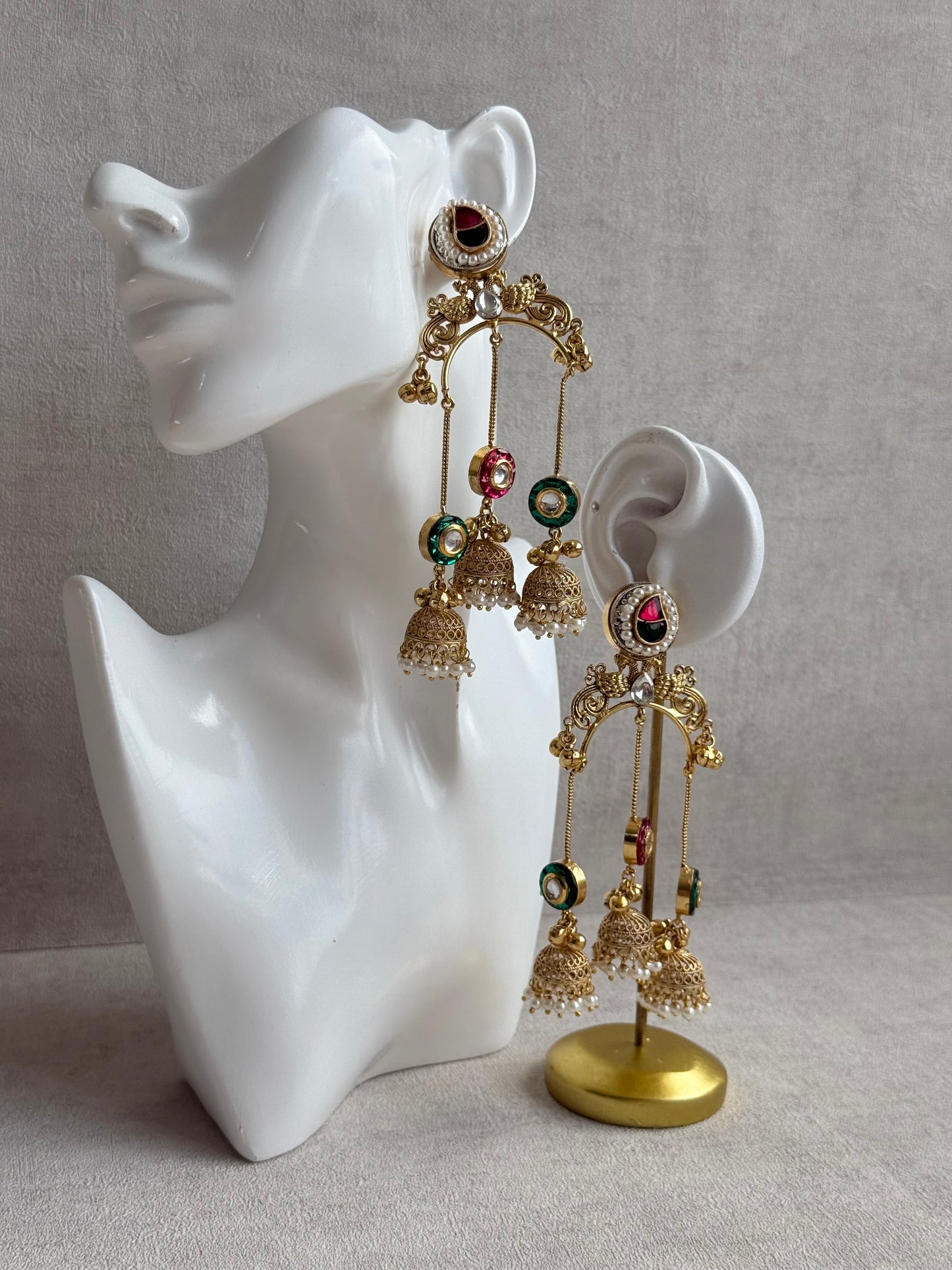 Ayura Designs Arzina Earrings – Triple Jhumki Earrings with Pink & Emerald Green Stones, Pearl Borders & Gold Detailing