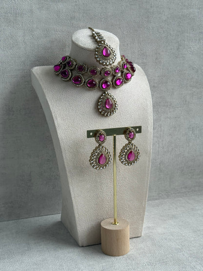 Ayura Designs Tamara Set with Necklace, Earrings & Tikka – Fuchsia Stones, Kundan Borders & Antique Gold Finish