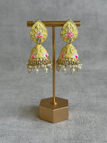 Ayura Designs Gia Jhumkis – Butter Yellow Meenakari with Pink Lotus Motifs & Ivory Pearl Drops