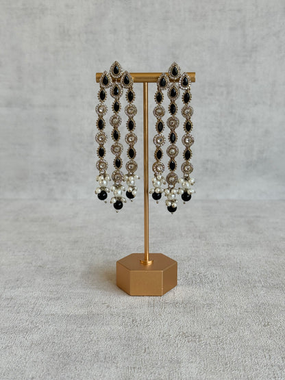Ayura Designs Emilia Earrings – Gold Triple Strand Statement Earrings with Black Stones & Pearl Drops