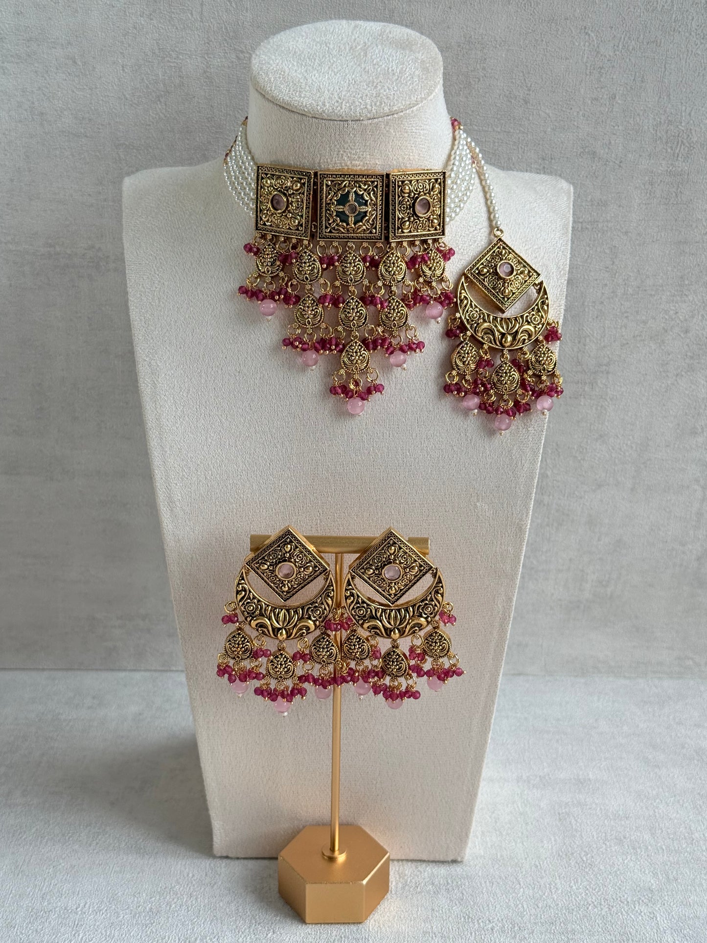 Ayura Designs Samera Choker Set with Earrings & Tikka – Rani Pink & Blush Pink Beads, Green Centre Stone, Floral Motifs & Antique Gold Finish