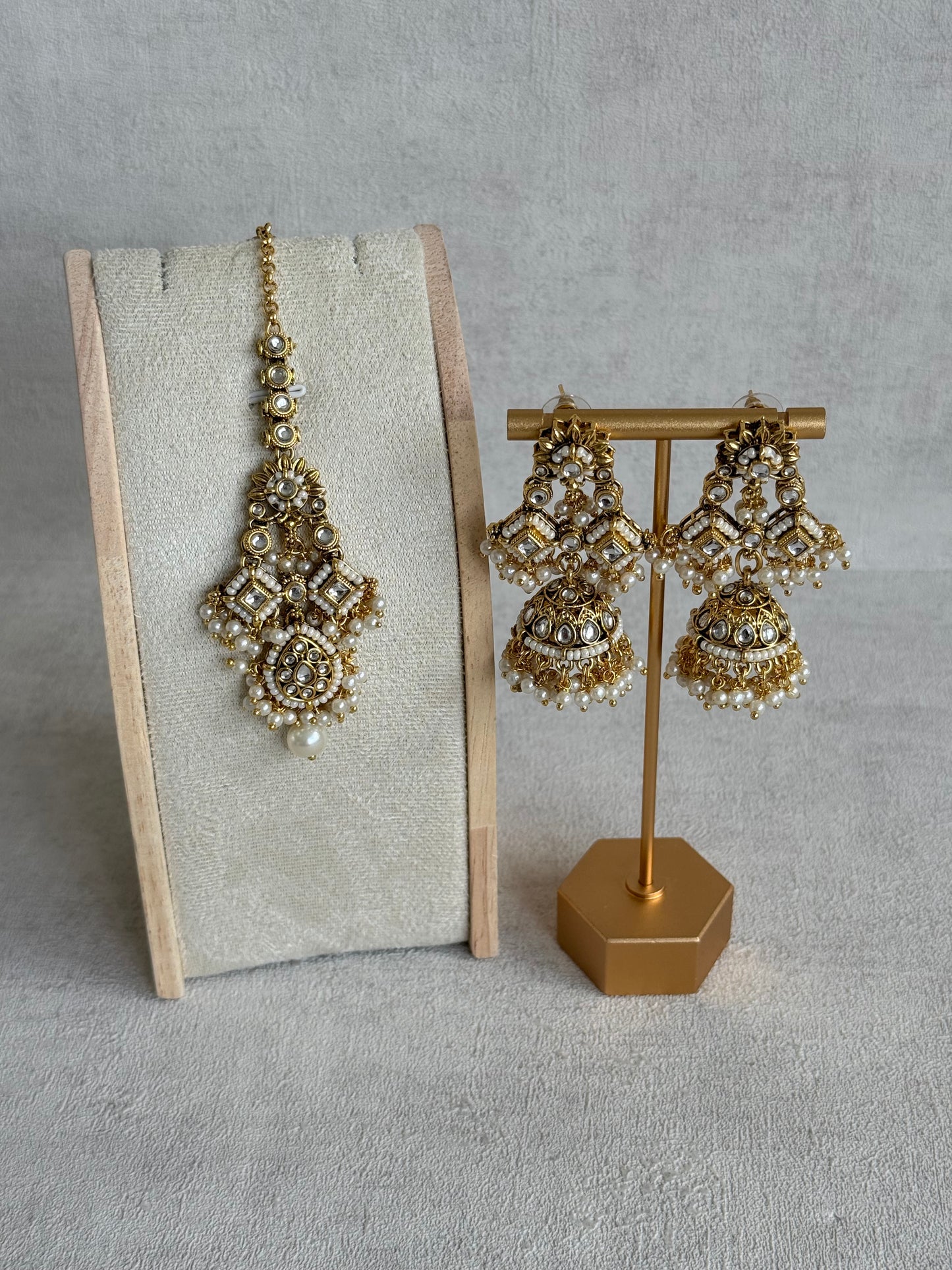 Ayura Designs Ania Tikka Set with Jhumkis – Pearl, Kundan & Gold Detailing