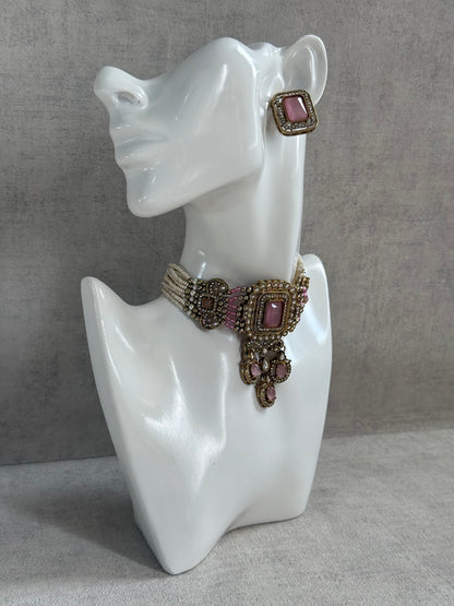 Ayura Designs Nabiha Choker Set with Studs – Blush Pink Stones, Pearl Detailing & Antique Gold Finish
