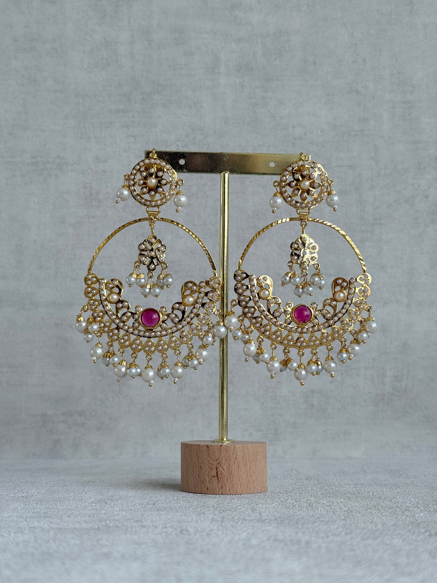 Ayura Designs Arshi Chandbalis – Gold Jadau Ruby Pink & Ivory Pearl Detailing