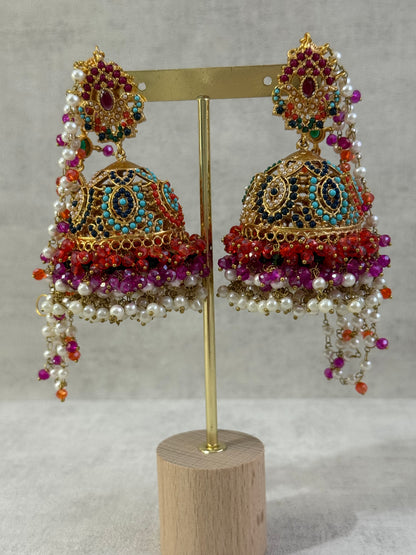 Ayura Designs Noor Set – Choker, Jhumkis with Sahare & Tikka in Multicolour with Pearl Detailing