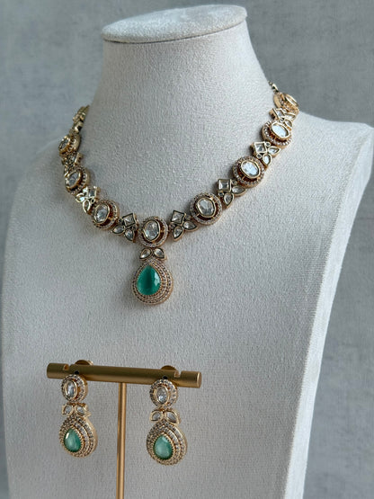 Ayura Designs Gazia Necklace Set with Earrings – Kundan, Mint Green Stones & Gold Finish