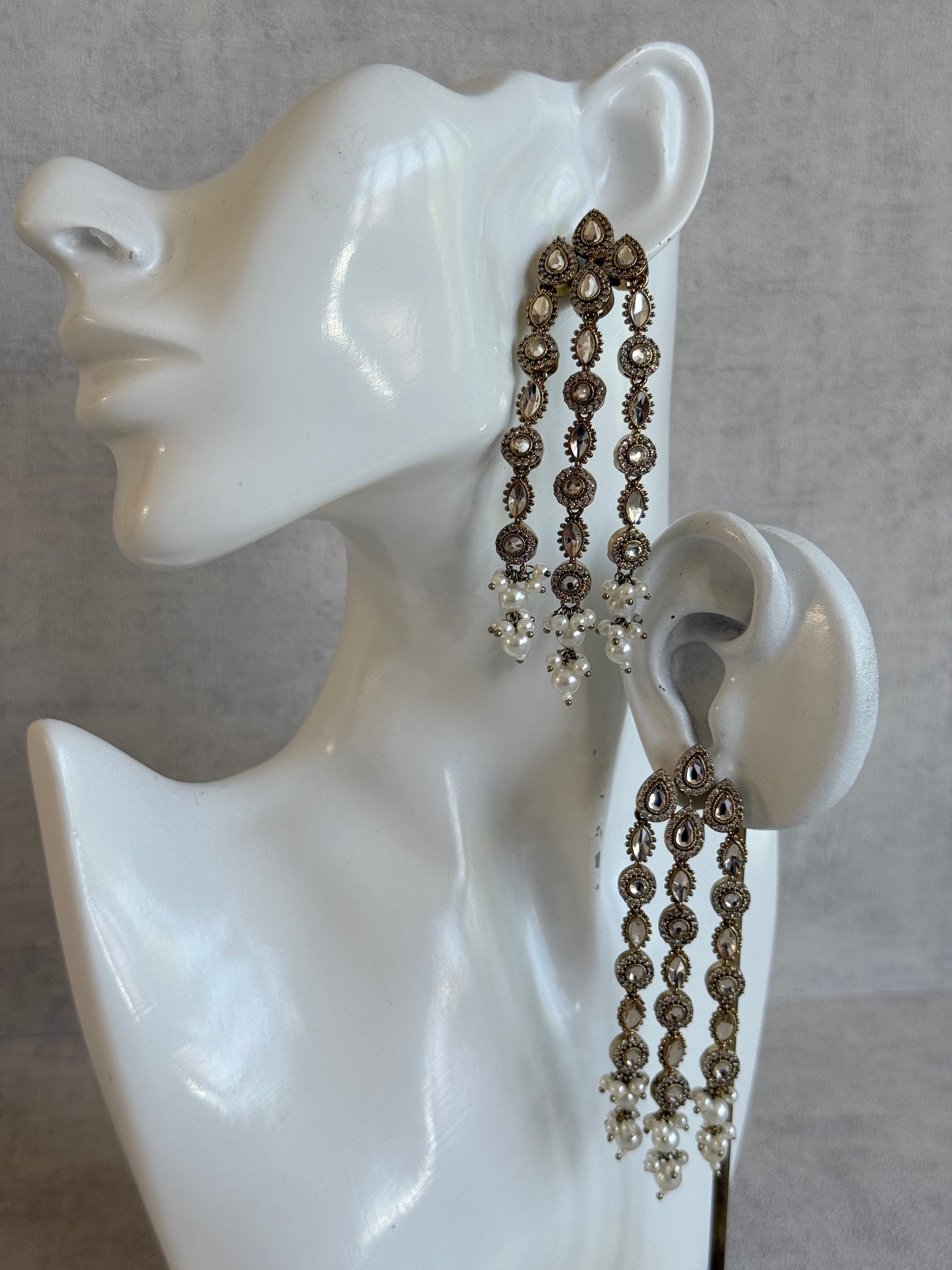 Ayura Designs Emilia Earrings – Gold Triple Strand Statement Earrings with Crystal Stones & Pearl Drops