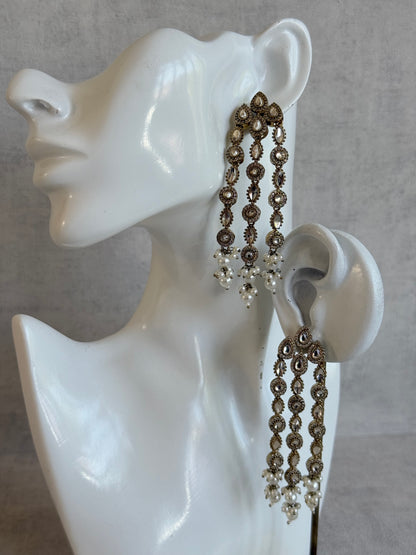 Ayura Designs Emilia Earrings – Gold Triple Strand Statement Earrings with Crystal Stones & Pearl Drops