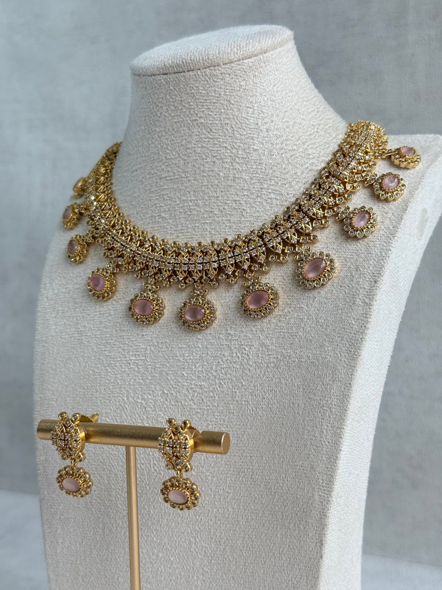 Ayura Designs Elisha Necklace Set with Earrings – Blush Pink & Crystal Stone Detailing