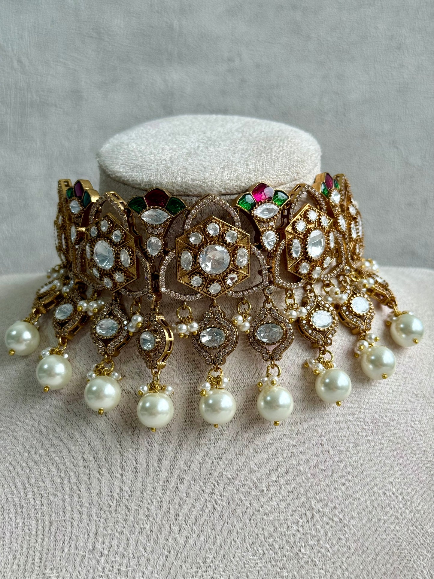 Ayura Designs Serina Choker Set with Earrings – Green & Pink Enamel, Mirror-Cut Stones & Pearl Drops