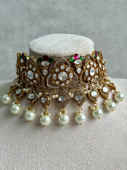 Ayura Designs Serina Choker Set with Earrings – Green & Pink Enamel, Mirror-Cut Stones & Pearl Drops