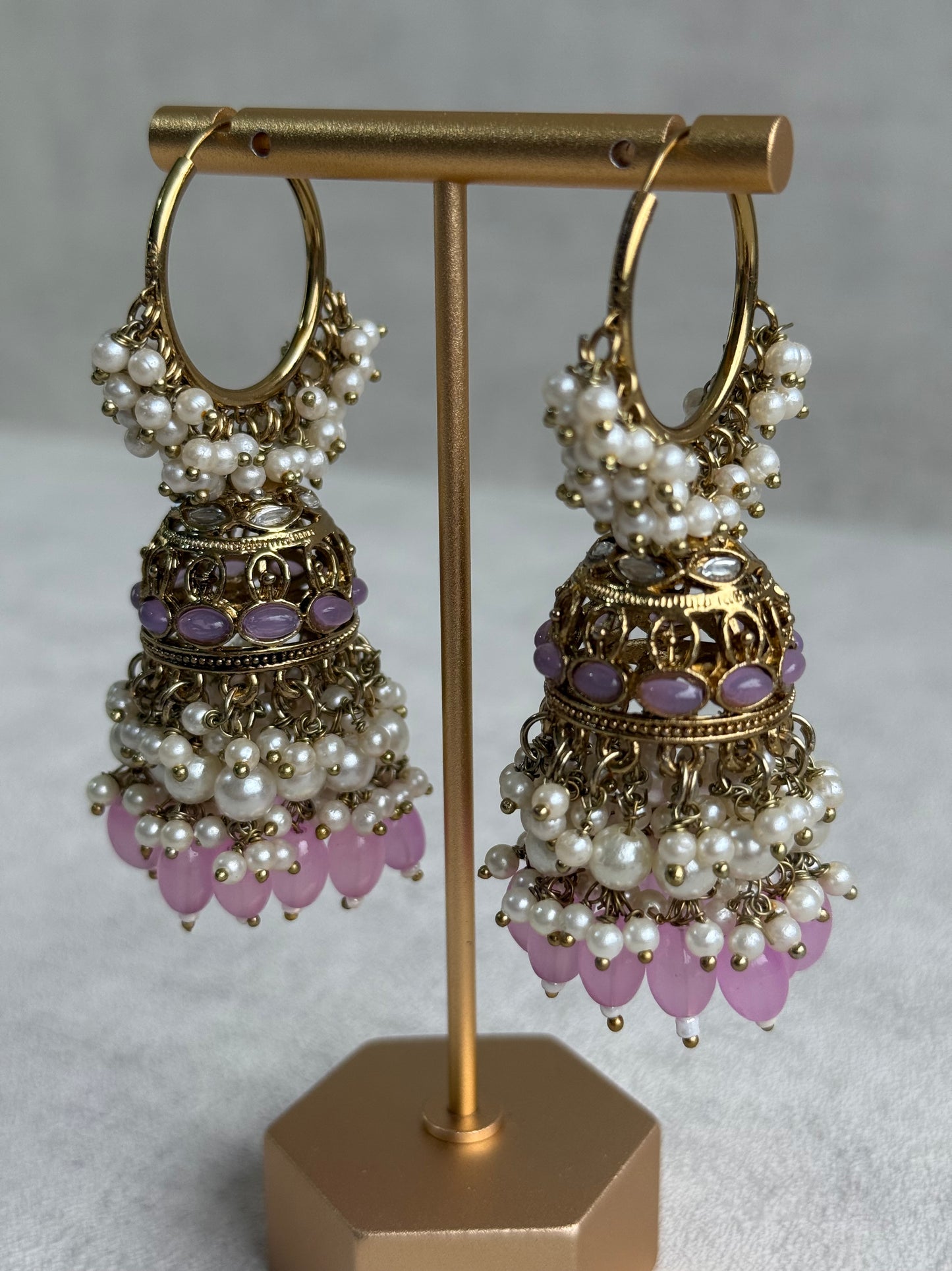 Ayura Designs Jugni Jhumkis – Antique Gold Balis with Lavender Beads & Pearl Clusters