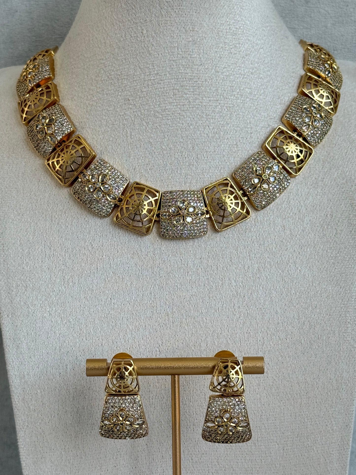 Ayura Designs Vibha Necklace & Stud Earrings Set – Gold Floral Statement Design with Crystal Detailing