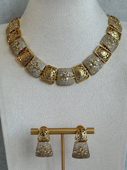 Ayura Designs Vibha Necklace & Stud Earrings Set – Gold Floral Statement Design with Crystal Detailing