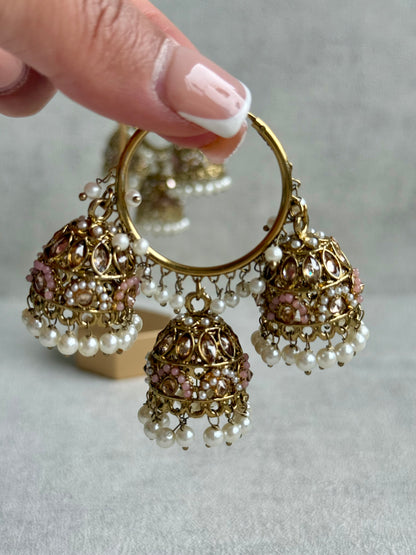 Ayura Designs Nakhra Balis – Blush Pink Triple Dome Earrings with Mirror-Cut Stones & Pearl Detailing