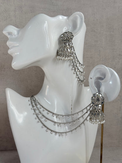 Ayura Designs Aiyana Jhumkis – Silver Mirror-Cut Earrings with Detachable Triple-Layer Pearl Sahare