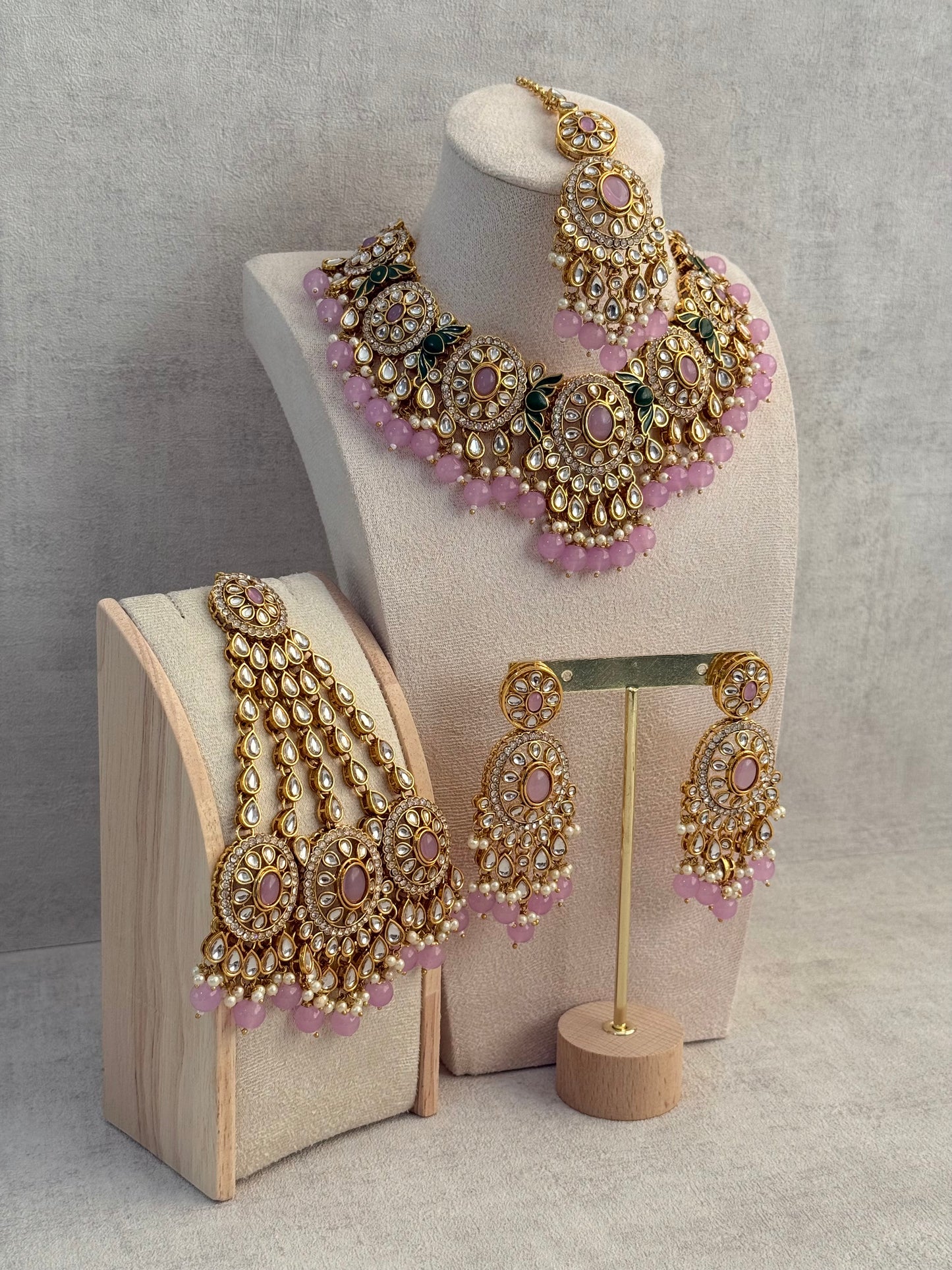 Ayura Designs Zara Set with Necklace, Earrings, Tikka & Passa – Antique Gold with Kundan Detailing & Lilac Stones & Beads