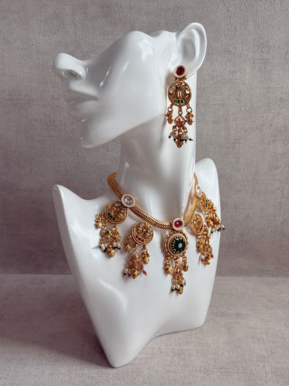 Ayura Designs Parchhai Necklace Set with Earrings – Ruby Red, Rose Pink & Emerald Green Stones, Bird Motifs & Pearl Detailing