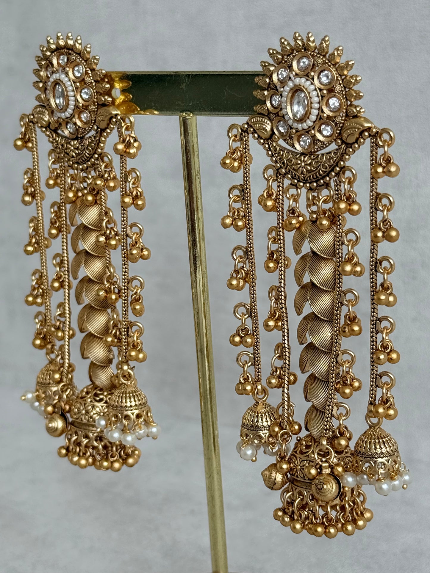 Ayura Designs Ishya Jhumkis – Gold Ghungroo Chain Earrings with Ivory Kundan & Pearls