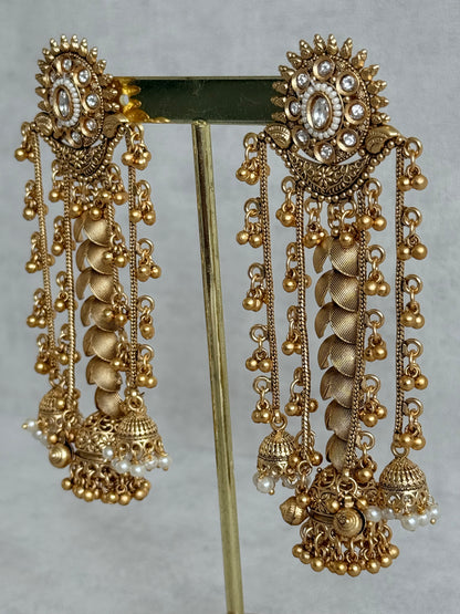 Ayura Designs Ishya Jhumkis – Gold Ghungroo Chain Earrings with Ivory Kundan & Pearls