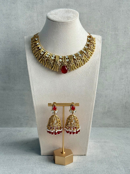 Ayura Designs Rami Collar Set with Jhumkis – Sculpted Gold Collar with Ruby Red Stone and Crystal Detailing