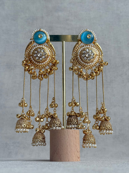 Ayura Designs Shagan Earrings – Aqua Blue Statement Earrings with Multi Jhumki Drops, Pearl Detailing & Ghungroo Accents