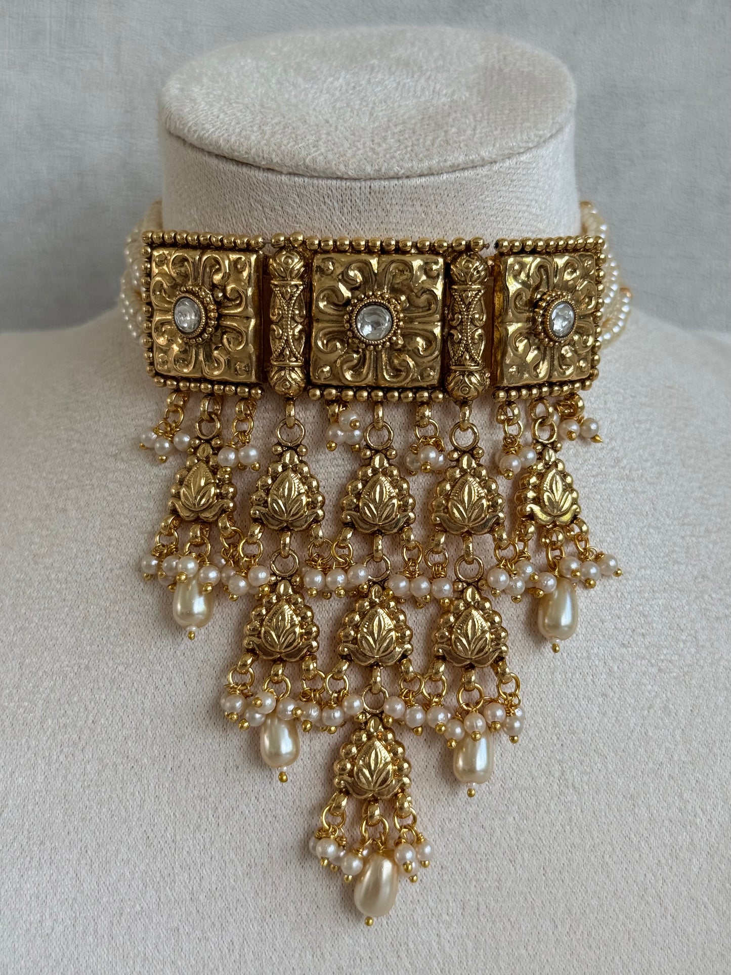 Ayura Designs Nimrah Choker Set with Earrings & Tikka – Ivory Pearl Gold Tone Waterfall Jewellery Set