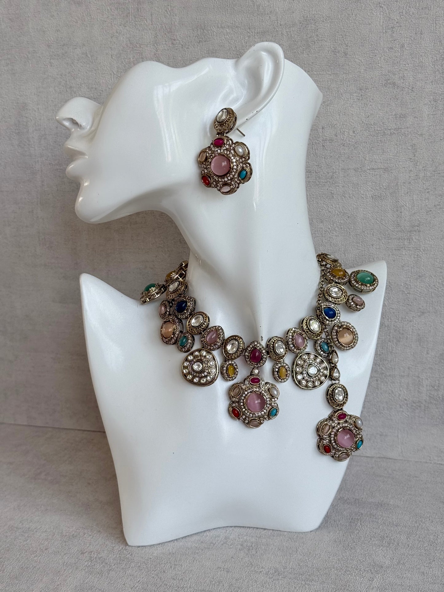 Ayura Designs Elvira Necklace Set with Earrings & Tikka – Multicolour Stone Necklace with Pink Centre Stones & Pearl Detailing