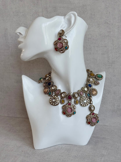 Ayura Designs Elvira Necklace Set with Earrings & Tikka – Multicolour Stone Necklace with Pink Centre Stones & Pearl Detailing