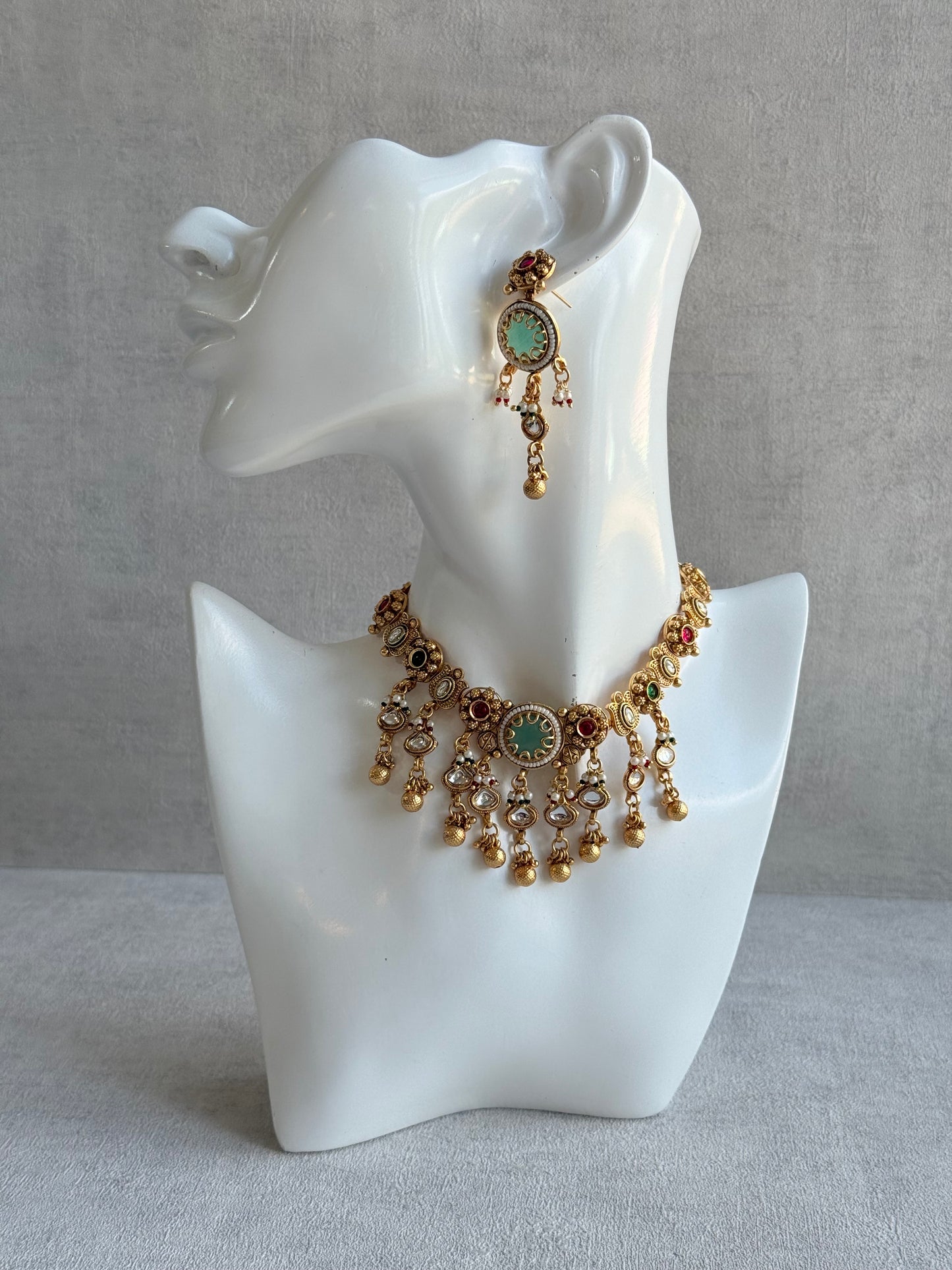 Ayura Designs Abira Necklace Set with Earrings – Kundan, Multicolour Stones, Pearl Detailing & Gold Finish