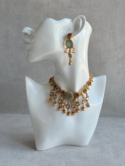 Ayura Designs Abira Necklace Set with Earrings – Kundan, Multicolour Stones, Pearl Detailing & Gold Finish
