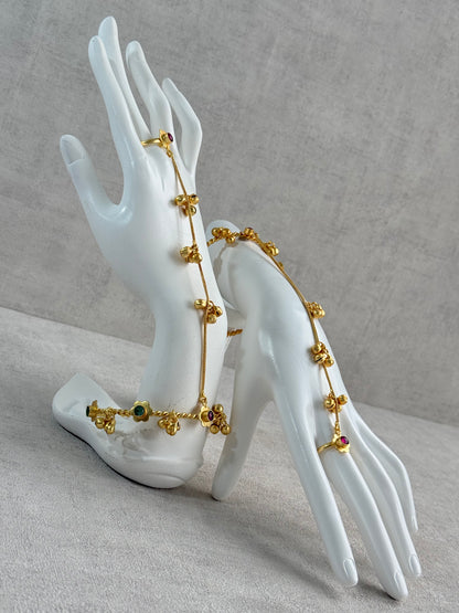 Ayura Designs Kajri Haathphool Set of 2 – Gold Tone Floral Hand Harness with Multicolour Stones & Ghungroo Detailing