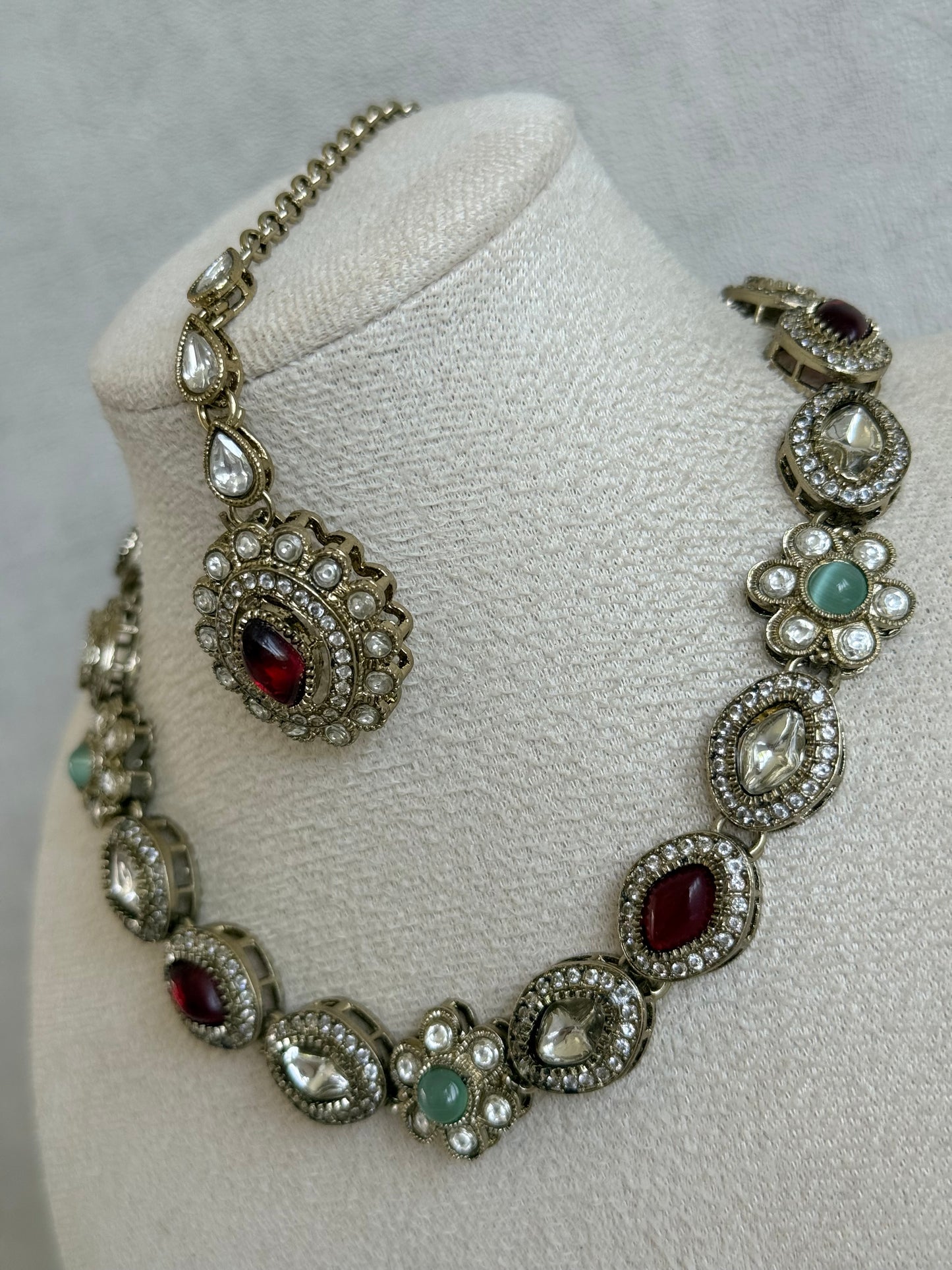Ayura Designs Ivy Necklace Set with Studs & Tikka – Ruby Red & Mint Green Kundan Detailing
