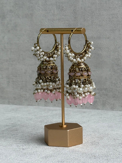 Ayura Designs Jugni Jhumkis – Antique Gold Balis with Blush Pink Beads & Pearl Clusters