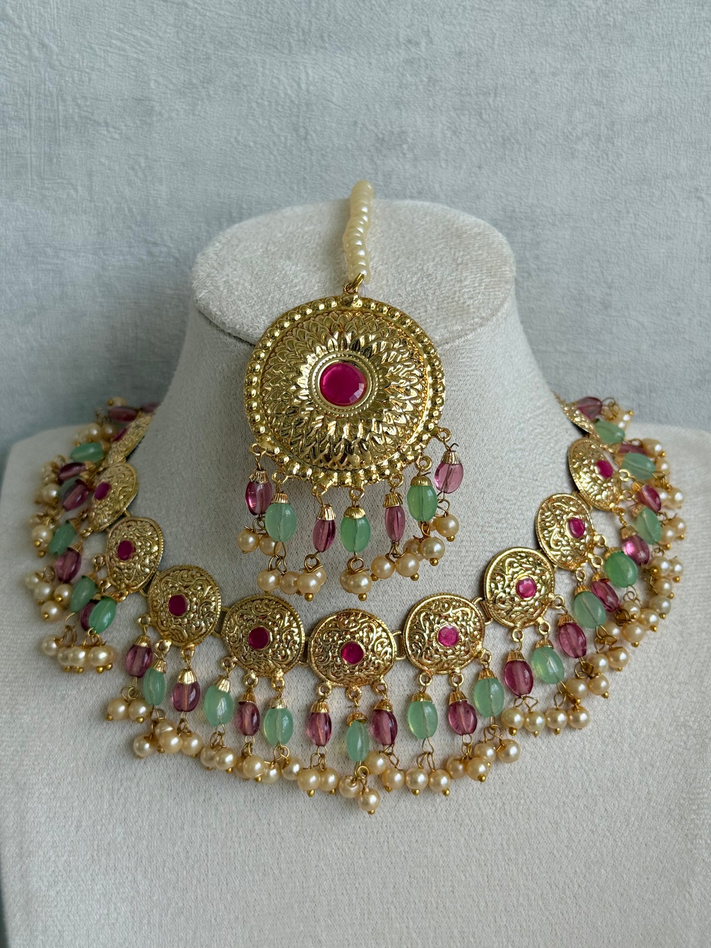 Ayura Designs Jyoti Set with Earrings & Tikka – Gold Disc Necklace with Ruby Pink, Mint Green & Pearl Detailing