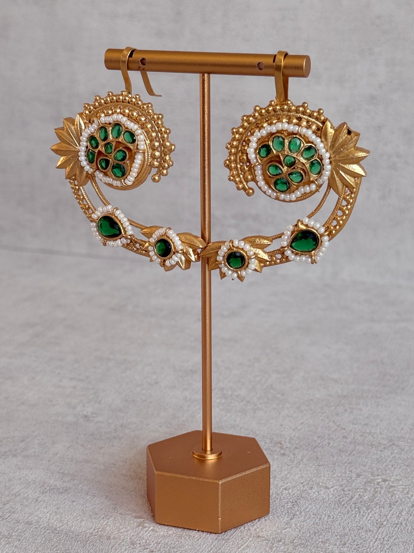 Ayura Designs Raatani Ear Climbers – Emerald Green Ear Climbers with Pearl Detailing & Floral Cutwork Design