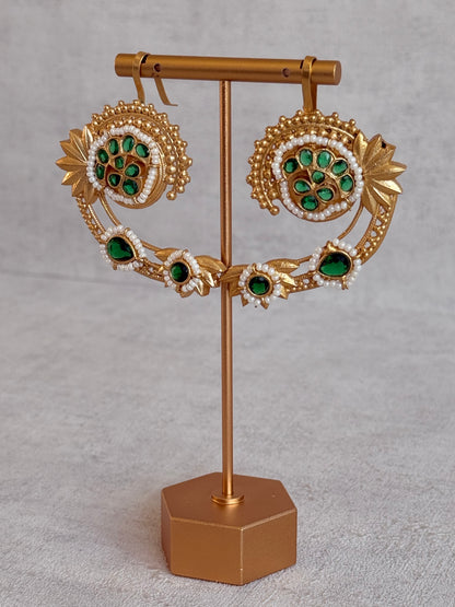 Ayura Designs Raatani Ear Climbers – Emerald Green Ear Climbers with Pearl Detailing & Floral Cutwork Design