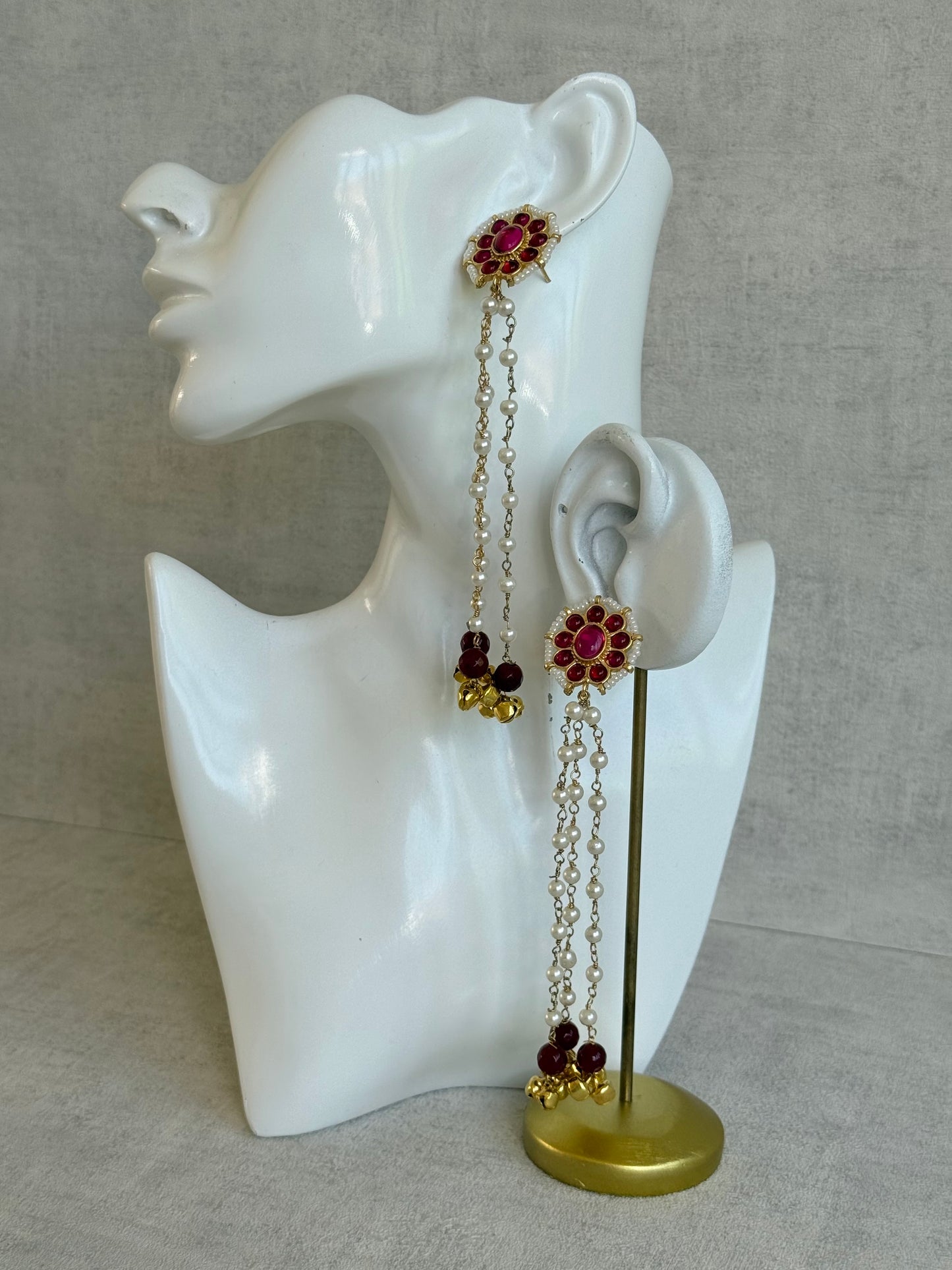 Ayura Designs Noorzar Earrings – Duster Earrings with Ruby Pink Stones, Maroon Beads, Pearl Chains & Ghungroo Detailing