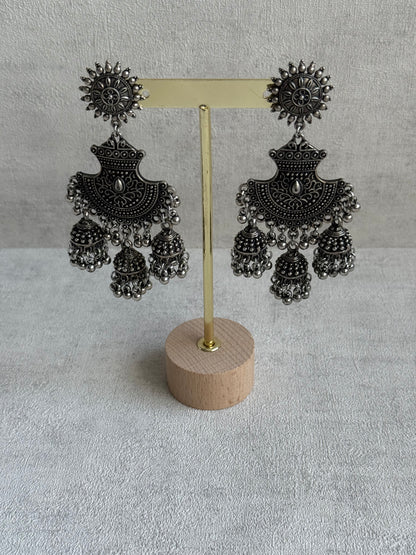 Ayura Designs Mahfar Earrings – Oxidised Silver Jhumkas with Sunburst Tops & Triple Dome Drops