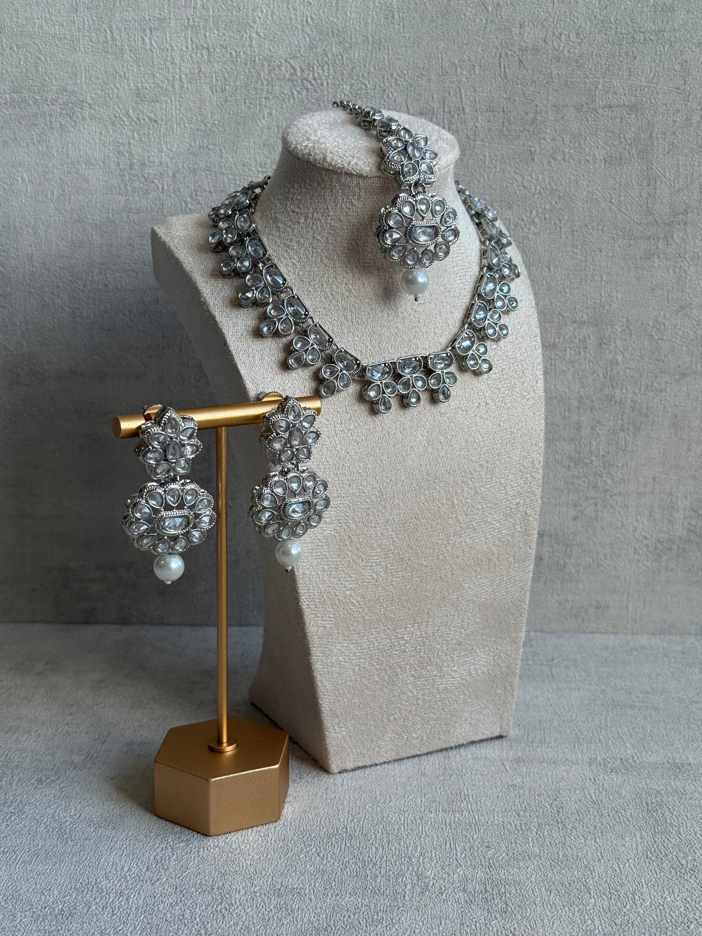 Ayura Designs Sumbul Set with Necklace, Earrings & Tikka – Mirror-Cut Stones, Pearl Drops & Silver Finish