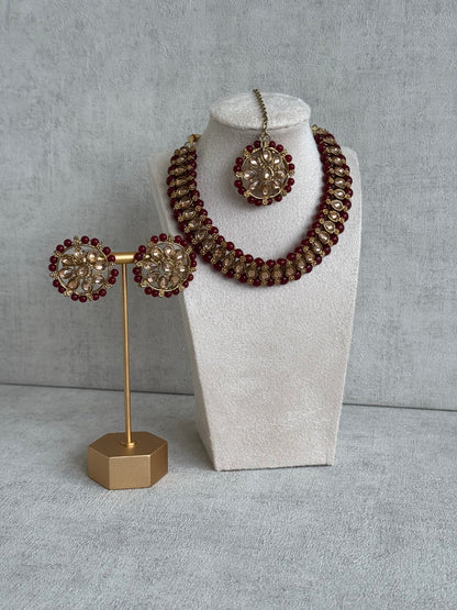 Ayura Designs Hala Set with Tikka & Studs – Maroon Beads & Champagne Kundan