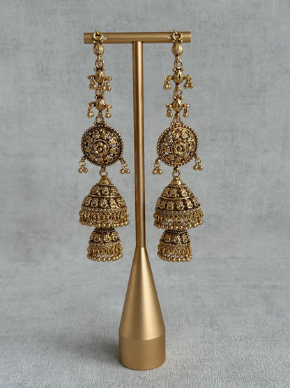 Ayura Designs Chhavi Sahare Jhumkis – Antique Gold Finish with Double Dome Design