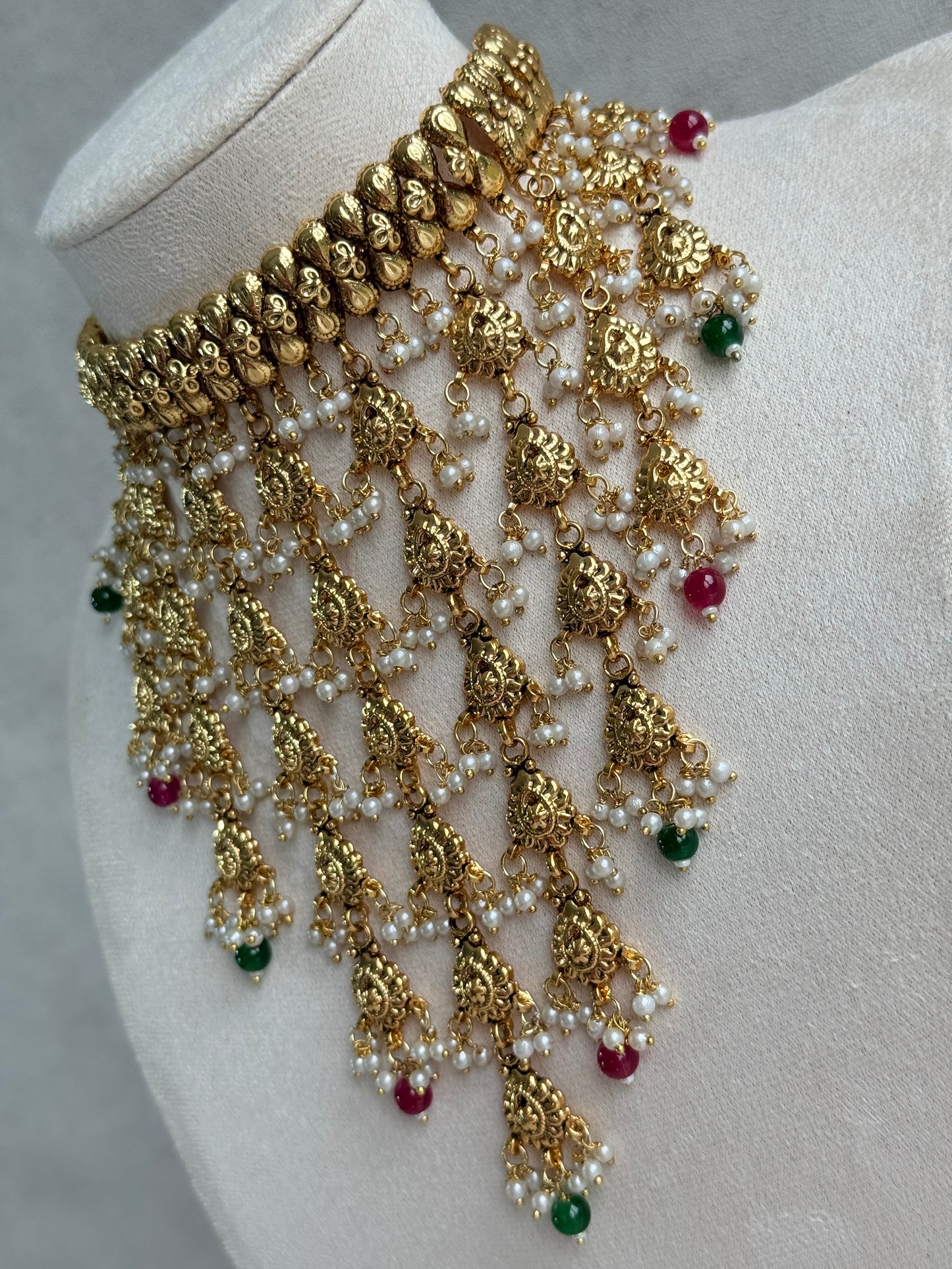 Ayura Designs Karima Choker Set with Sahare Earrings & Tikka – Waterfall Design, Rani Pink & Green Beads, Pearls & Antique Gold Finish