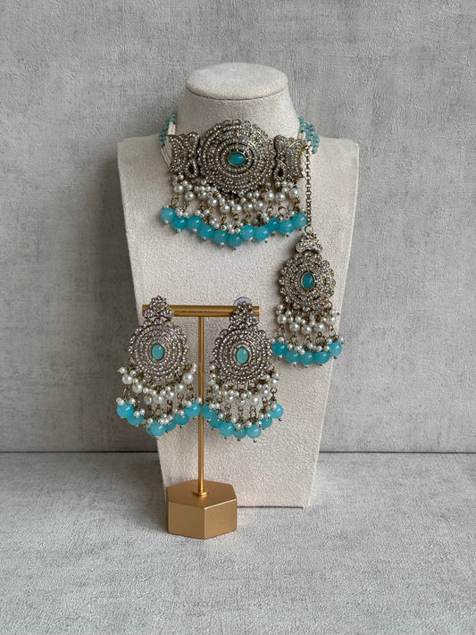Ayura Designs Zoraiz Choker Set with Earrings & Tikka – Aqua Blue Beads, Pearls & Antique Silver Finish