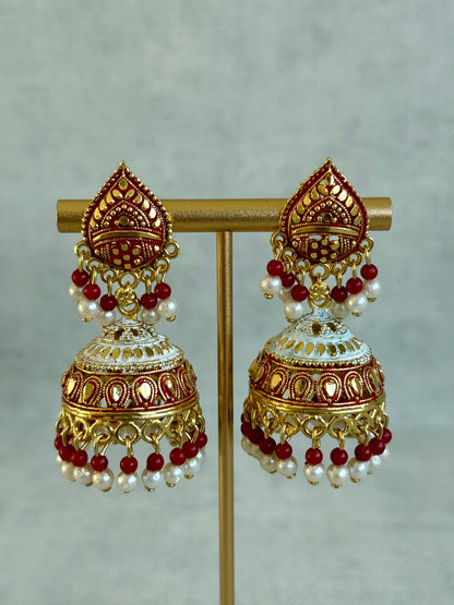 Ayura Designs Jogan Jhumkis – Red & White Beads with Antique Gold Detailing