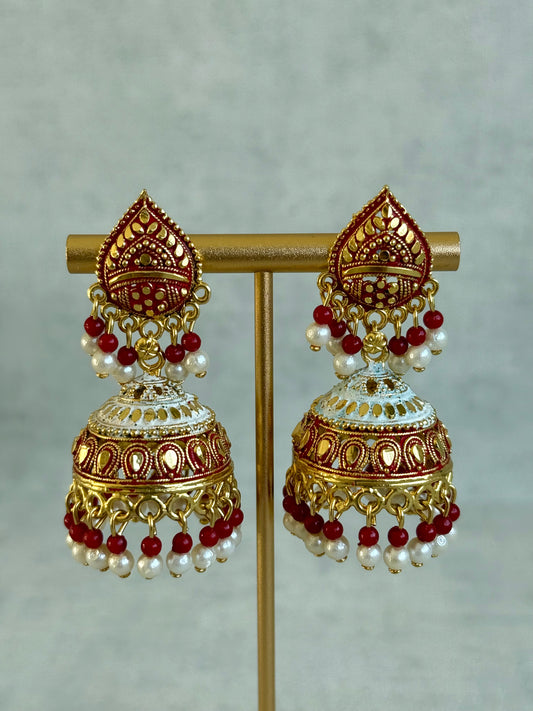 Ayura Designs Jogan Jhumkis – Red & White Beads with Antique Gold Detailing