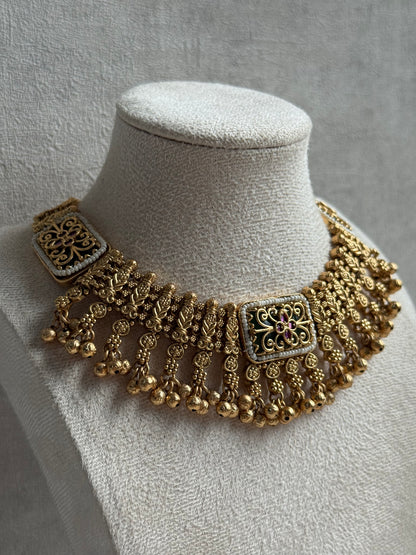 Ayura Designs Uma Set – Antique Gold Necklace & Earrings with Mint Green Enamel, Ruby Meenakari & Pearl Detailing